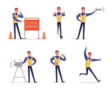 Trafik Kuralları Vektörü 'nün Yelek Giyen Polis Memuru. Üniformalı Genç Erkek Sokak Polisi İşaret Veriyor