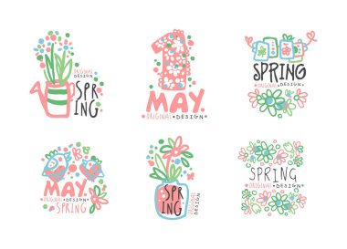 1 Mayıs rozetleri ayarlandı. Parlak yay çizili el etiketleri, Uluslararası İşçi Günü vektör çizimi beyaz üzerine izole