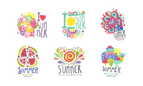 I love summer colorful hand drawn labels set. Summer holidays, beach vacation, party, restaurant or cafe menu badges vector illustration isolated on white