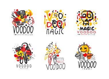 Voodoo logo tasarımı seti. Afrika ve Amerikan sihirli etiketleri veya rozetleri beyaz üzerine izole edilmiş el çizimi vektör çizimi