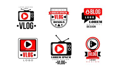 Vlog ve blog logo tasarımı seti. Canlı yayın, canlı yayın vektör illüstrasyonu için beyaz üzerinde izole edilmiş video blog kanalı düğmeleri