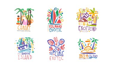 Tropik adalar belirlendi. Kanarya, Küba, İbiza turizm ajansı, tropikal parti, el yapımı egzotik tatil tasarımı el yapımı, beyaz üzerine izole edilmiş vektör çizimi
