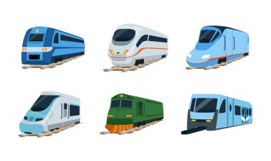 Bir dizi tren lokomotifi. Retro ve modern demiryolu taşımacılığı düz vektör çizimi beyaza izole edildi