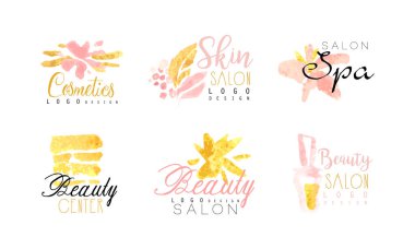 Güzellik salonu logo tasarımı seti. Spa merkezi, kozmetik, cilt bakımı, sağlık suluboya etiketleri el çizimi vektör illüstrasyonları beyaza izole edilmiş
