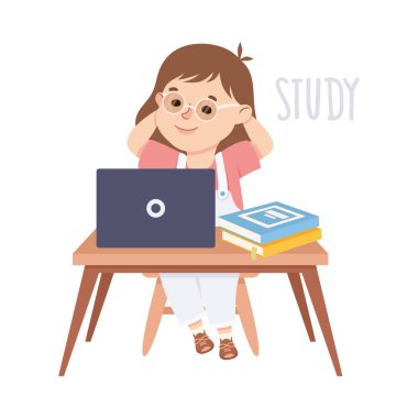 Küçük Kız Masada Oturuyor ve Laptop 'ta Kelime Hazinesi ve Fiil Vektör İllüstrasyonunu Gösteriyor. İngilizce Öğrenen Sevimli Çocuk İlköğretim Eğitiminde Nişanlandı