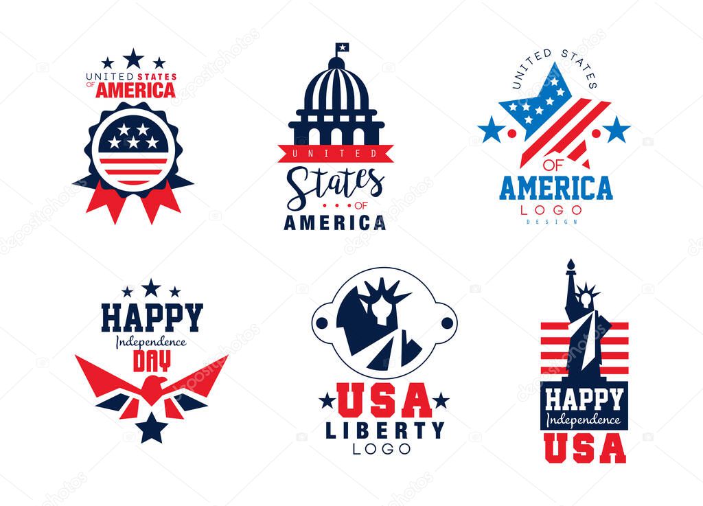 4th of July USA Independence day patriotic labels set vector illustration isolated on white