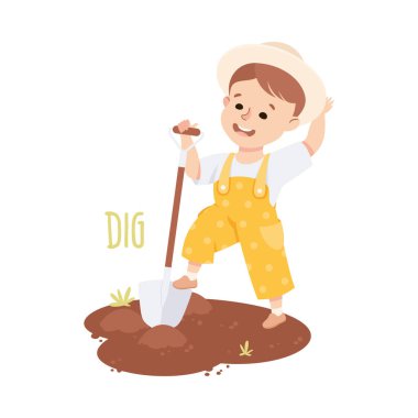 Kürek Kazıcı Toprak Gösterici Sözcük Hazinesi ve Fiil Çalışan Vektör İllüzyonu ile Küçük Çocuk. İngilizce Öğrenen Sevimli Çocuk İlköğretim Eğitiminde Nişanlandı
