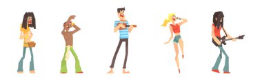 People Character Müzik Enstrümanı Çalıyor ve Mikrofon Vector Set ile Şarkı Söylüyor. Sahnede Erkek ve Kadın Oyuncu