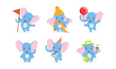 Farklı aktivitelerdeki şirin bebek filler. Komik bir Afrika safari hayvanı balonla yürüyor, doğum gününü kutluyor, çiçekleri suluyor, karikatür çizimleri beyaz üzerinde izole edilmiş.