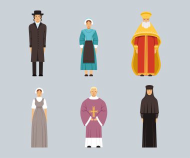 Dini itiraf seti temsilcileri. Yahudi haham, Mennonit ve Mormon kadınlar, Ortodoks Metropolitan, Papaz düz vektör çizimi