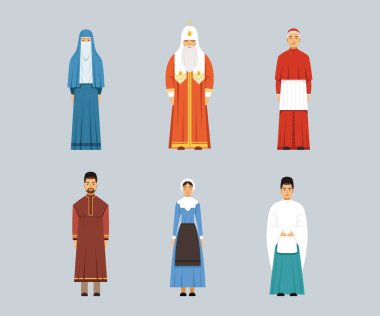 Dini itiraf seti temsilcileri. Katolik Kardinal, Ortodoks Patriği, Mennonit veya Amiş kadın düz vektör çizimi