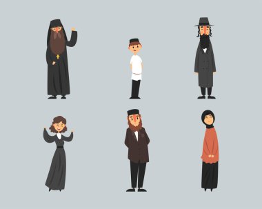 Geleneksel kıyafet karikatürü çizimi yapan neşeli Yahudi insanları.
