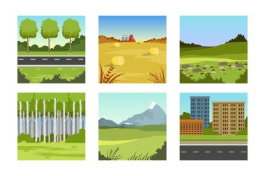 Bir dizi doğal manzara. Orman, çayır, dağlar ve şehir sokağı yaz ve sonbahar arka plan çizimi beyaza izole edilmiş