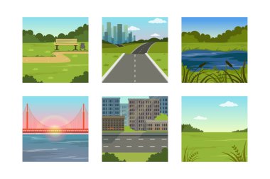 Bir dizi doğal manzara. Park, çayır, göl, nehir, şehir manzarası yol yaz arka plan çizimi beyaz üzerine izole edilmiş