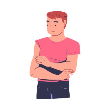 Aşılanmış Vektör İllüstrasyonu için Genç Adam Karakterinin Üst Kolunu Çekme Aşısı. Erkek Coronavirüs Aşısı Alıyor