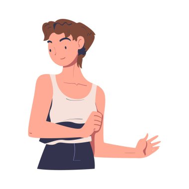 Aşılanmış Vektör İllüzyonu Bekleyen Üst Kolunu Tutan Genç Kadın Karakteri Aşısı. Coronavirüs Aşısı Olan Kadın