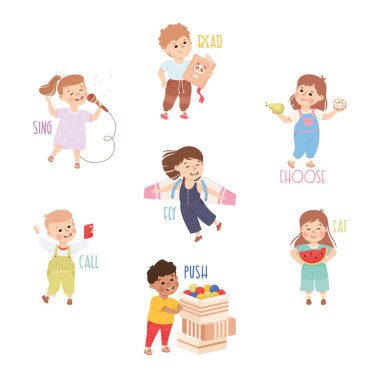 Farklı Etkinlik Gösteren Küçük Çocuklar Sözcük Hazinesi Vektör Kümesi ile Fiil Çalışması. İngilizce Öğrenen Sevimli Çocuklar İlköğretimde Sözleşmeli