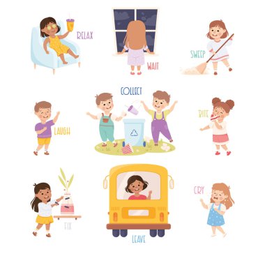 Farklı Etkinlik Gösteren Küçük Çocuklar Sözcük Hazinesi Vektör Kümesi ile Fiil Çalışması. İngilizce Öğrenen Sevimli Çocuklar İlköğretimde Sözleşmeli