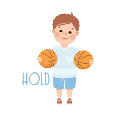 Sözcük Hazinesini Gösteren Küçük Çocuk Taşakları ve Vektör İllüzyonu Çalışan Fiil. İngilizce Öğrenen Sevimli Çocuk İlköğretim Eğitiminde Nişanlandı