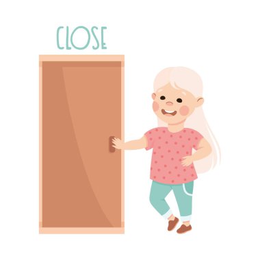 Little Blond Girl Closing Door Demonstrating Vocabulary and Verb Studying Vector Illustration. Cute Kid Learning English Word Engaged in Primary Education clipart