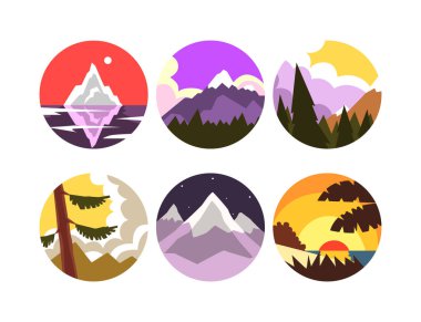 Daireler çizen doğal manzaralar. Günün farklı zamanlarında dağ manzarası beyaz üzerinde izole edilmiş çizgi film vektör çizimi