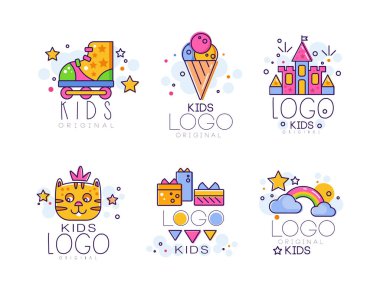 Çocukların yaratıcı logo tasarımı seti. Sanat sınıfı, yaratıcı stüdyo, çocuk merkezi çizim vektör ilüstrasyonu beyaz vektör illüstrasyonunda izole edilmiş beyaz vektör ilülasyonu