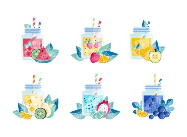 Cam kavanozlarda pipetli smoothie seti. Karpuz, kivi, armut, çilek, yabanmersini, meyve ve meyveli sağlıklı süper yiyecekler beyaz üzerine izole edilmiş düz vektör çizimi