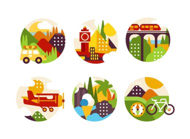 Tatil seti gezisi. Yaz maceraları için daire, bisiklet, araba, uçak, tren karikatür çizimi beyaz üzerinde izole edilmiş