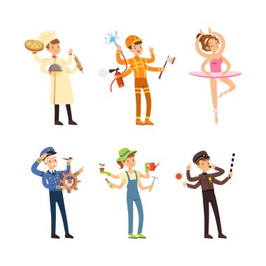 Farklı mesleklerden birçok kişiyi aynı anda görevlendiriyor. Meşgul balerin, polis, itfaiyeci, bahçıvan, polis, müteahhit. Çizgi film çizimleri beyaz üzerine izole edilmiş.