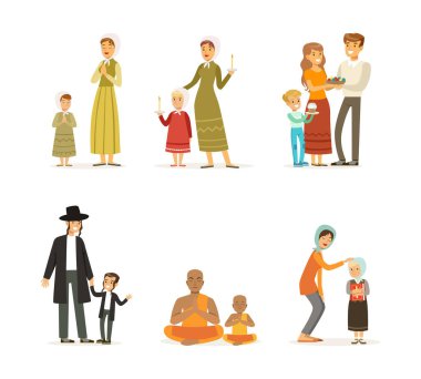 Farklı dini mezheplerin temsilcileri belirlendi. Hıristiyan, Yahudi, Budist aileler, beyaz üzerine izole edilmiş vektör çizimleri.