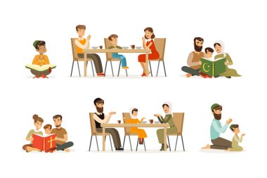 Farklı dini mezheplerin temsilcileri belirlendi. Hıristiyan, Yahudi ve Müslüman aileler beyaz karikatür çizimleri yaparken dua ediyorlar.