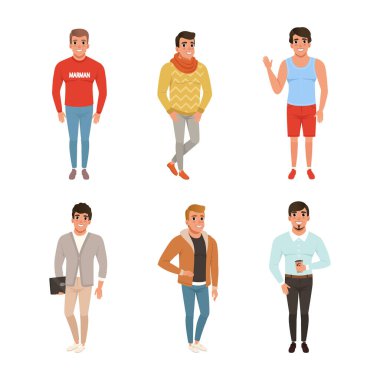 Şık giyinen şık genç erkekler beyaz üzerine izole edilmiş çizgi film vektör çizimi