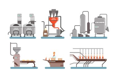 Meyve suyu üretimi paslanmaz endüstriyel ekipman çizgi film vektör çizimi beyaz üzerine izole