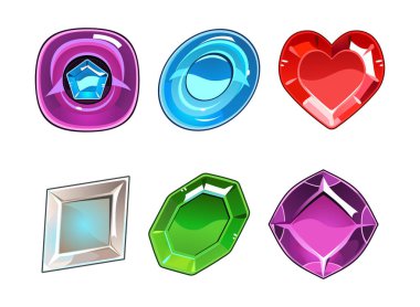 Mobil uygulama ve oyun tasarımı için renkli mücevherler ve mücevher tuşları beyaz üzerine izole edilmiş çizgi film vektör çizimi