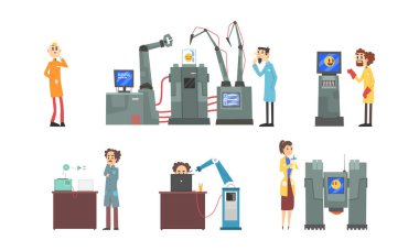 Mühendisler robot seti yaratıyor. Bilim adamları yapay zeka çizgi filmi vektör çizimi oluşturuyorlar.