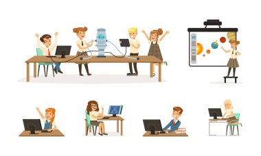 Robot projesi üzerinde çalışan ilkokul öğrencileri. Dizüstü bilgisayarı olan çocuklar beyaz üzerinde izole edilmiş robot vektör illüstrasyonunu yaratıyor, programlıyor ve sunuyorlar