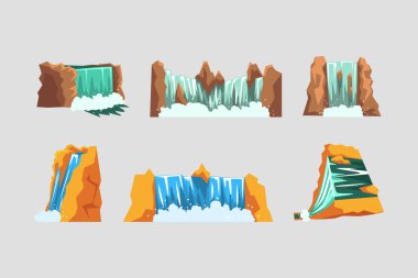 Kayalıklardan akan şelale akıntıları. Dağlar ve şelaleler karikatür vektör çizimi