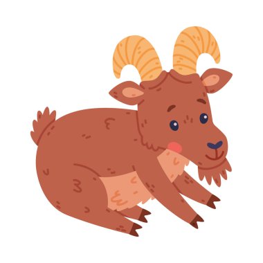 Horns Vector Illustration ile Vahşi Dağ Koyunu Olarak Oturan Urial Karakteri. Komik Kahverengi Kürklü Koç