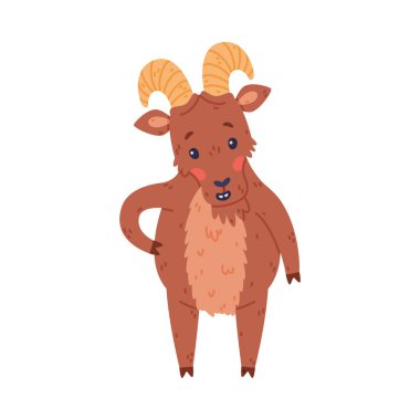 Boynuz Vektörü İllüstrasyonlu Vahşi Dağ Koyunları Olarak Ayakta Urial Karakteri. Komik Kahverengi Kürklü Koç