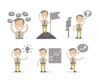 Farklı durumlardaki bir grup neşeli iş adamı. Gülümseyen iş adamı beyin fırtınası yapıyor, sunum yapıyor, beyaz üzerinde izole edilmiş başarılı çizgi film vektör illüstrasyonunu kutluyor