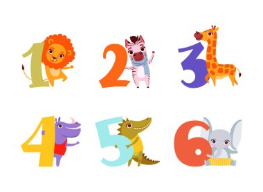 Sayılar ve sevimli hayvanlar seti. Aslan, zebra, zürafa, su aygırı, timsah, fil karikatür çizimi içeren doğum günü numaraları beyaz üzerine izole edilmiş.