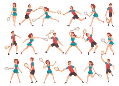 Tenis oynayan erkek ve kadın, tenis kortunda raket sporu yapıyor. Genç Erkek ve Kadın Sporcu Topa Vurmak İçin Hareket Ediyor