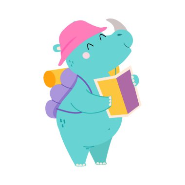 Sevimli Gergedan Gezgini Harita ve Sırt çantasıyla Gezgin Seyahat Etme Vektörü İllüzyonu. Komik memeli turist Maceranın tadını çıkarıyor