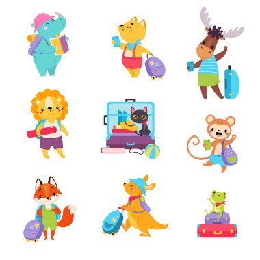 Bagajlı ve Sırt çantalı Şirin Hayvanlar Seyahat Etme Vektörü. Komik memeli turist Maceranın tadını çıkarıyor