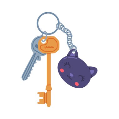 Trinket with Brass and Silver Key Hanging with Cat Keychain or Keyring Vector Illustration. Key Fob with Small Piece of Metal for Door Lock clipart