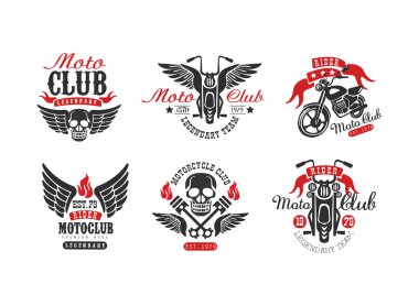 Motoclub, efsanevi takım geçmişe dönüş rozetleri. Motosiklet kulübü, motosiklet tamirhanesi, tişört baskısı vintage etiketleri beyaz üzerine izole edilmiş vektör illüstrasyonları