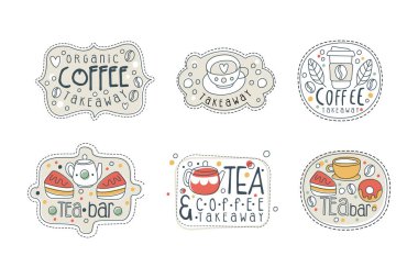 Çay barı etiketleri hazır. Organik paket servis içecekleri el yapımı etiketler, çıkartmalar, beyaz üzerine izole edilmiş vektör çizimleri