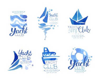 Yat kulübü orijinal logo tasarımı seti. Yelkenli sporları suluboya etiketleri, rozetler elle çizilmiş vektör çizimleri beyaz üzerine izole edilmiş