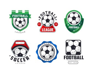 Futbol liginin retro etiketleri. Spor turnuvası, şampiyonluk rozetleri, vektör illüstrasyonları beyaza izole edilmiş.