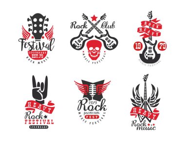 Rock müzik festivali klasik plak setleri. Rockfest Club retro logo tasarım vektör çizimi beyaz üzerine izole